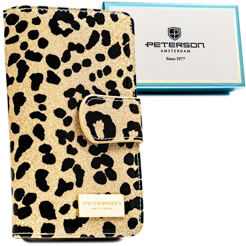 Złoty, pionowy portfel damski ze skóry ekologicznej i naturalnej w cętki, wyposażony w system RFID - Peterson
