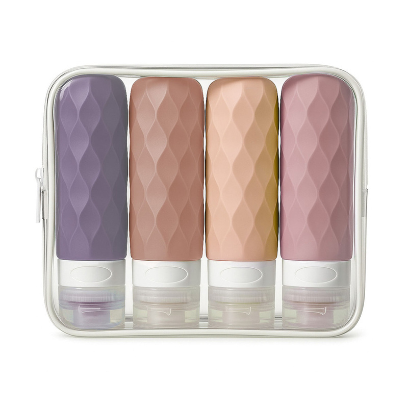 Podróżne, wielokolorowe butelki silikonowe zapakowane w kosmetyczkę - Peterson