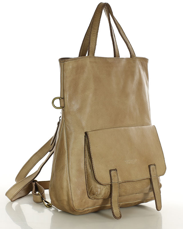 Skórzana torebka plecak z kieszenią z przodu - MARCO MAZZINI beż taupe