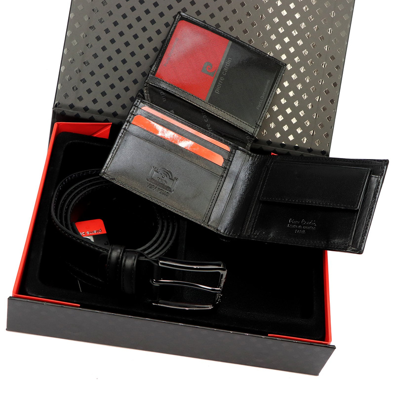 Pierre Cardin portfel i pasek do spodni męski zestaw skóra naturalna