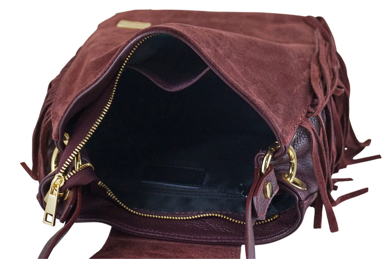 Skórzana torebka boho z frędzlami - Bordowa