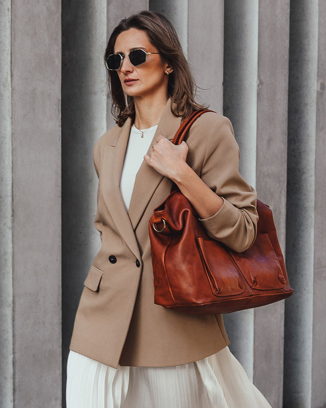 Torebka skórzana shopper bag - MARCO MAZZINI camel