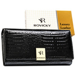 Duży, czarny portfel damski ze skóry naturalnej we wzór imitujący skórę krokodyla - Rovicky