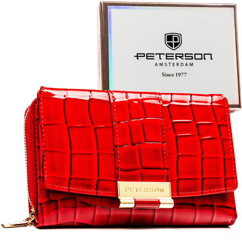 Portfel damski wykonany ze skóry ekologicznej w czerwonym kolorze z tłoczonym wzorem krokodylej skóry - Peterson