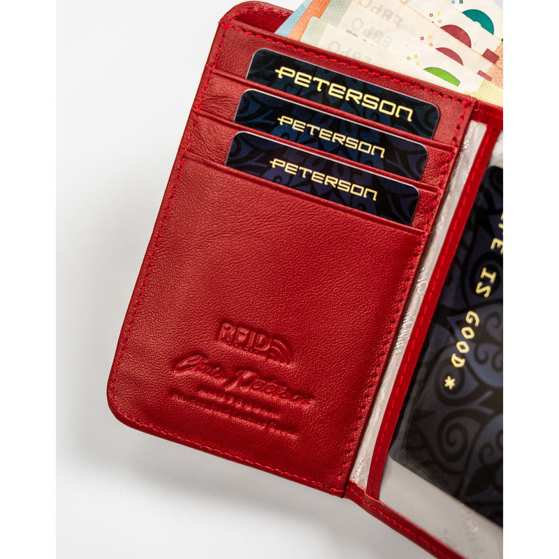 Skórzany portfel damski w czerwonym kolorze z systemem RFID - Peterson