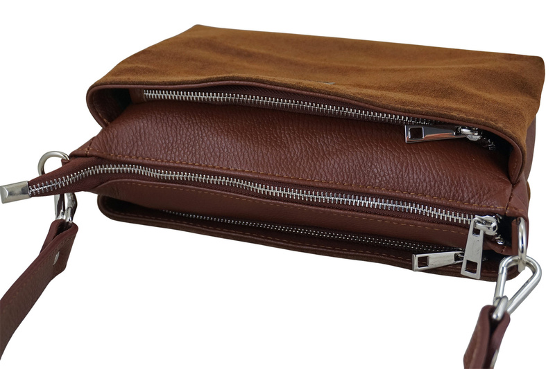 Pojemna torebka listonoszka ze skóry i zamszu - Brązowa