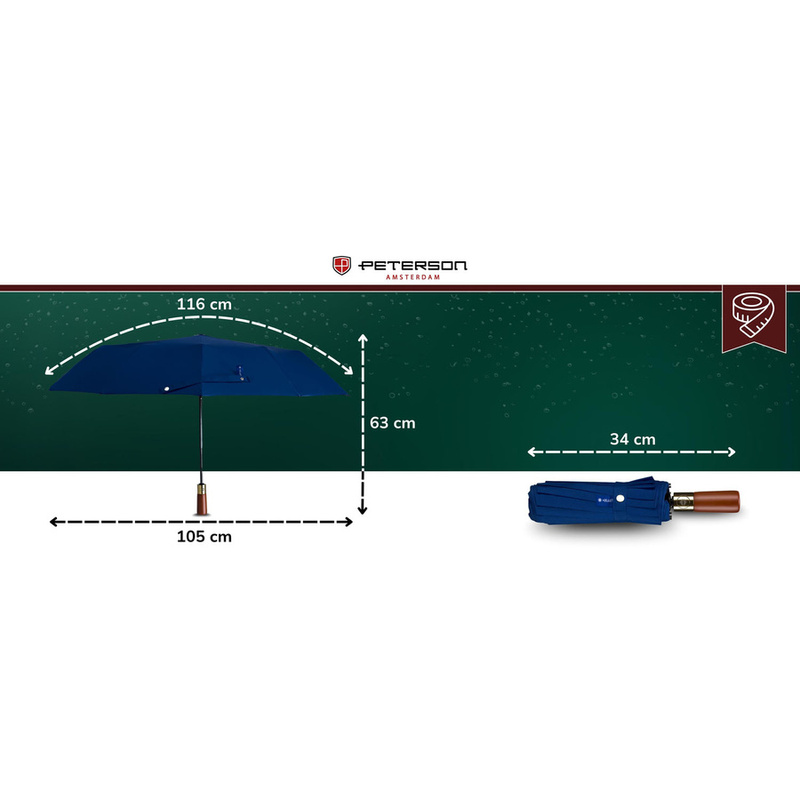 Niebieski, duży, elegancki i składany parasol w pokrowcu - Peterson