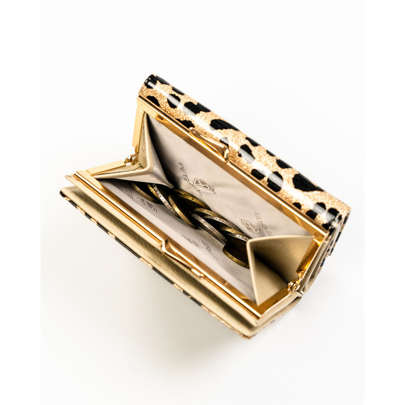 Złoty portfel damski ze skóry ekologicznej i naturalnej w cętki, zamykany biglem i zatrzaskiem - Peterson