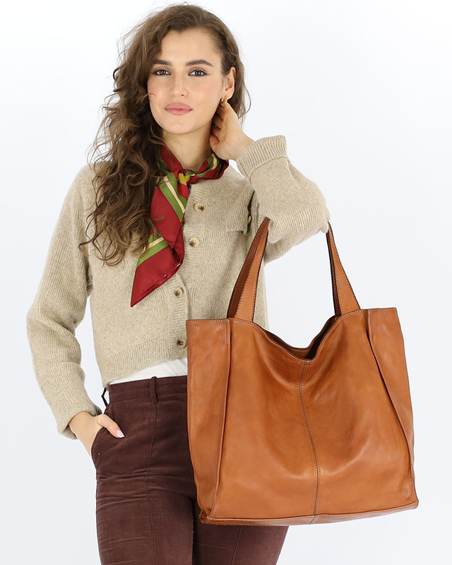 Duża skórzana torebka shopper na ramię – MARCO MAZZINI brązowa camel, idealna na miasto