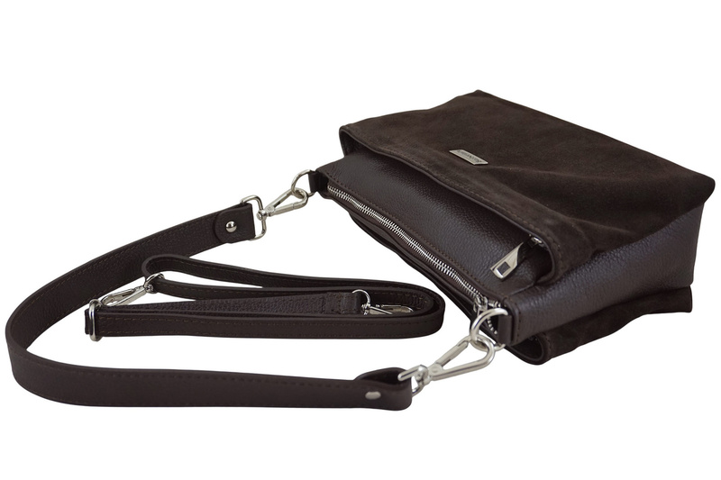 Pojemna torebka listonoszka ze skóry i zamszu - Brązowa ciemna