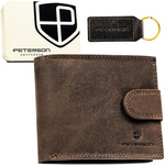 Zestaw prezentowy: brelok i brązowy, skórzany portfel męski z zapięciem na zatrzask - Peterson