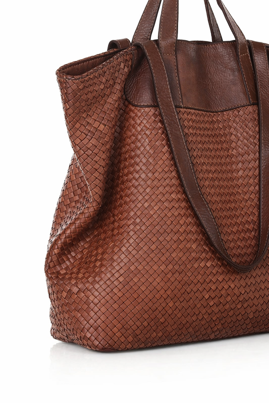 Torba damska pleciona shopper & shoulder leather bag MAZZINI brąz