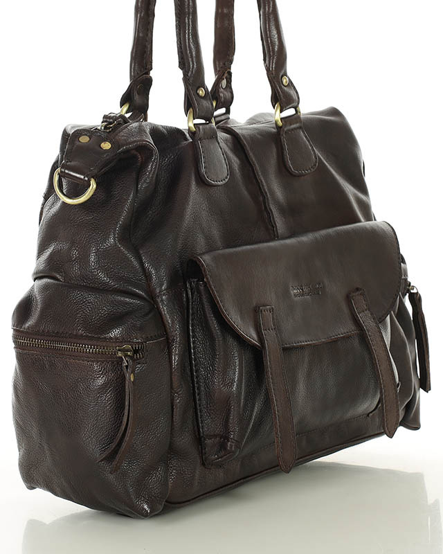 Pojemna torba damska na ramię z kieszeniami skóra naturalna - MARCO MAZZINI ciemny brąz caffe