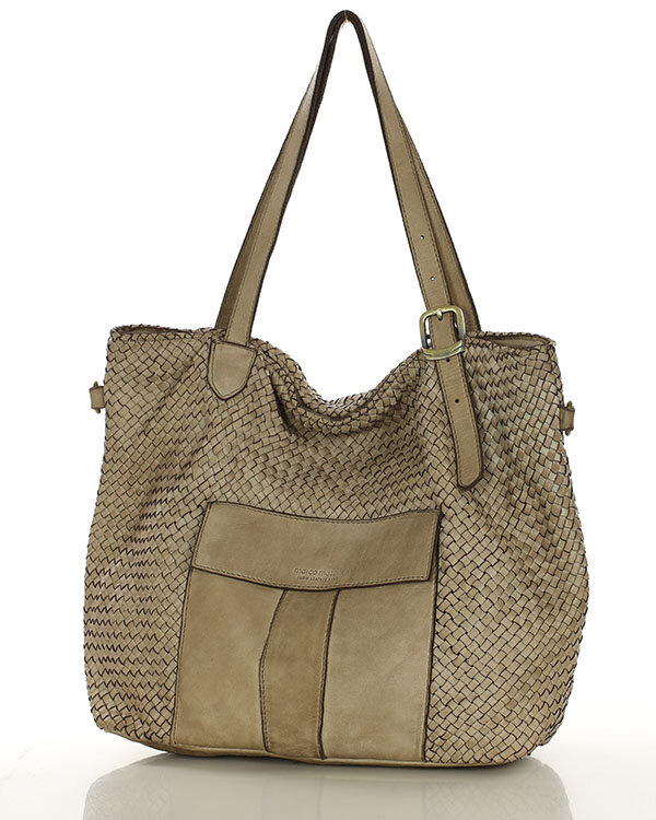 Duża torebka pleciona na ramię shopperka skórzana - MARCO MAZZINI beżowa