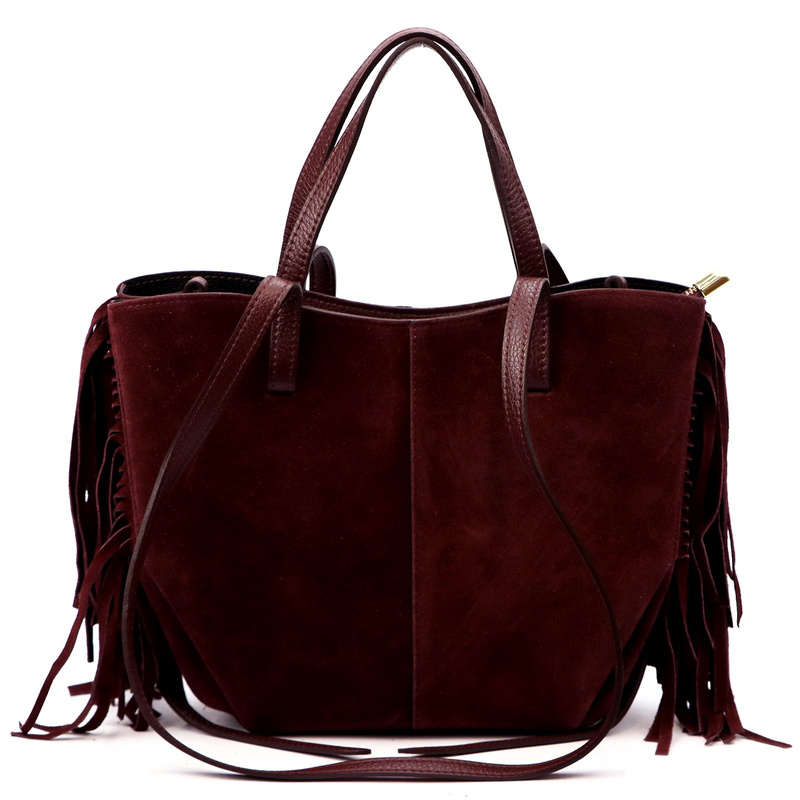 Vera Pelle damska shopperbag zamszowa torebka na ramię z frędzlami