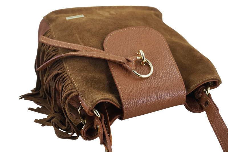 Skórzana torebka boho z frędzlami - Brązowa jasna