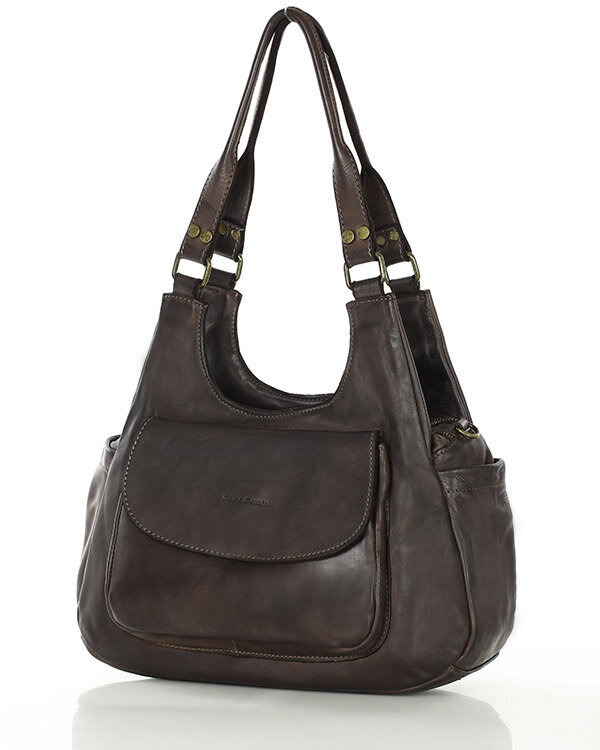 Włoska torebka skórzana z kieszenią z przodu retro bag handmade - MARCO MAZZINI ciemny brąz caffe