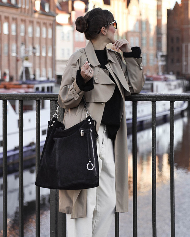 Torebka skórzana ponadczasowy design worek na ramię XL hobo leather bag - MARCO MAZZINI nubuk czarny