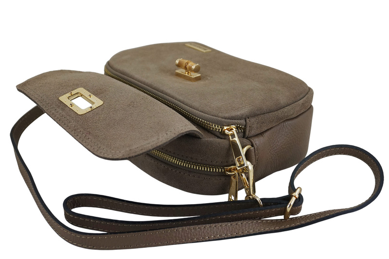 Mała zamszowa listonoszka ze złotym zapięciem - Beżowa ciemna