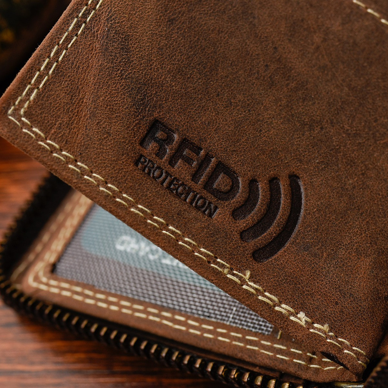 Portfel skórzany zasuwany duży poziomy RFiD nubuk brąz Beltimore H01