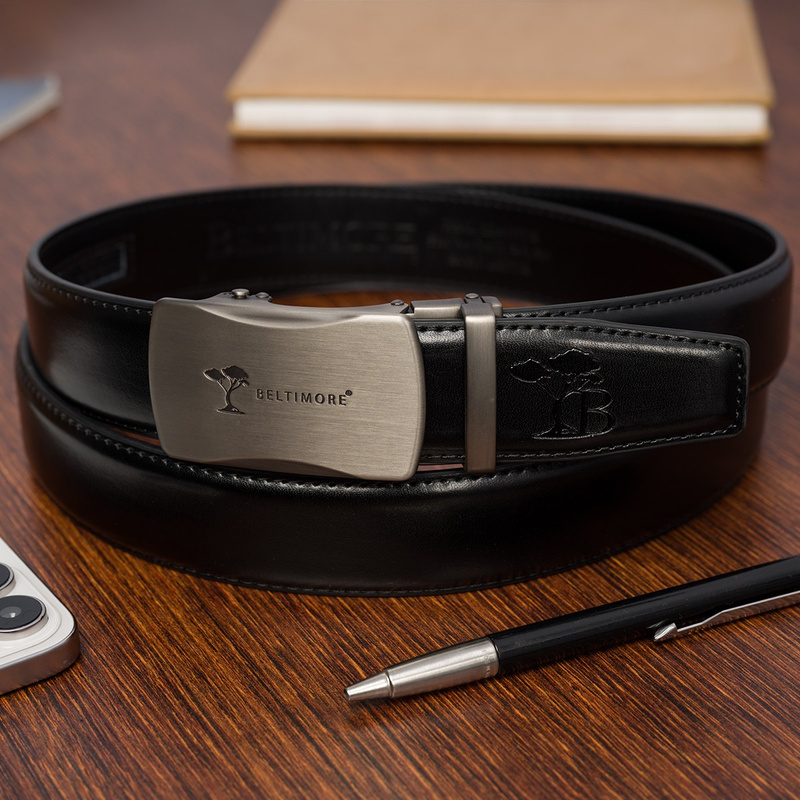 Pasek męski skórzany klamra automatyczna czarny Beltimore A50 : Kolory - czarny,