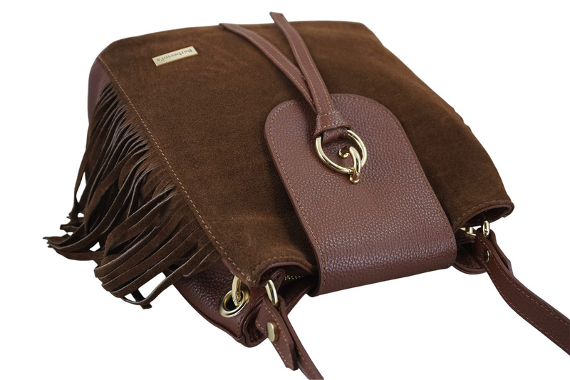 Skórzana torebka boho z frędzlami - Brązowa