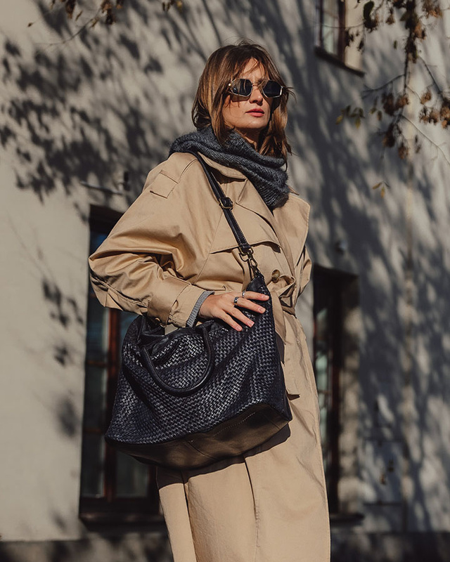 Duża torba shopper z plecionej skóry naturalnej - MARCO MAZZINI czarna