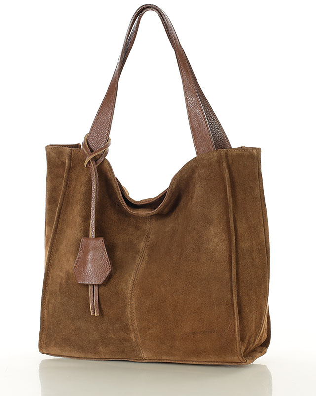 Brązowa torba zamszowa ze skóry typu shopper - MARCO MAZZINI