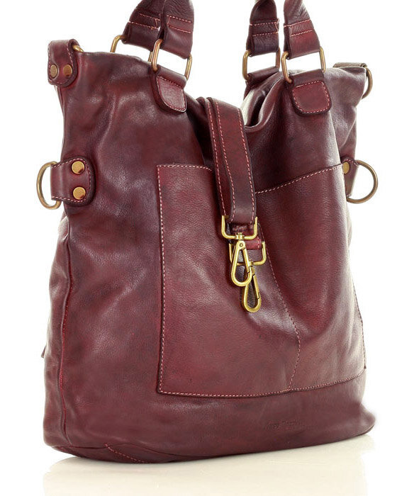 Torebka skórzana XL shopper vintage bag z kieszeniami vera pelle - MARCO MAZZINI burgund