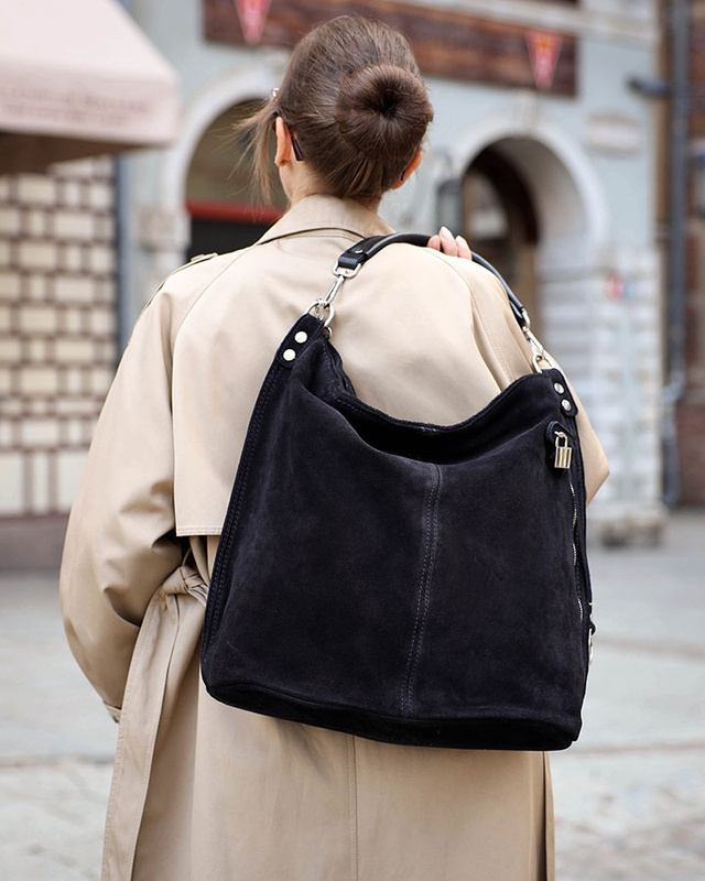 Torebka skórzana ponadczasowy design worek na ramię XL hobo leather bag - MARCO MAZZINI nubuk czarny