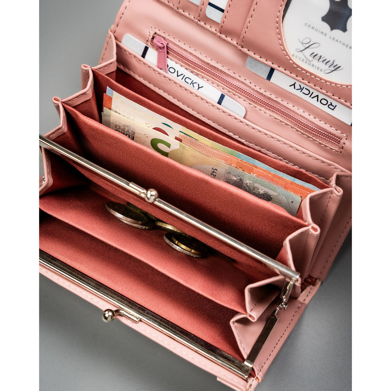 Różowy, duży portfel damski ze skóry ekologicznej z kieszonką zewnętrzną, zamykany na zatrzask - 4U Cavaldi