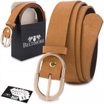 Skórzany pasek damski do spodni sukienki camelowy skóra nat. zamszowa 3 cm Beltimore E52 : Kolory - brązowy, beżowy, Rozmiar pasków - r.110-125 cm