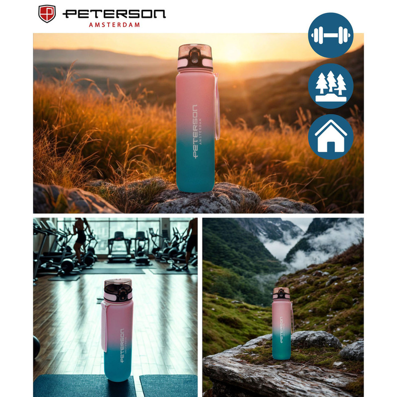 Praktyczny bidon na wodę w niebiesko-różowym kolorze wyposażony w smyczkę - Peterson