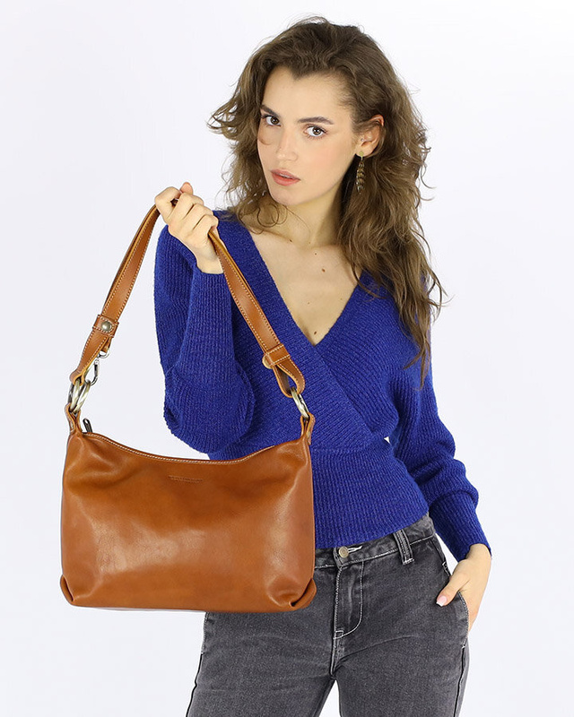 Luksusowa torebka skórzana na długim pasku z regulacją - MARCO MAZZINI camelowa