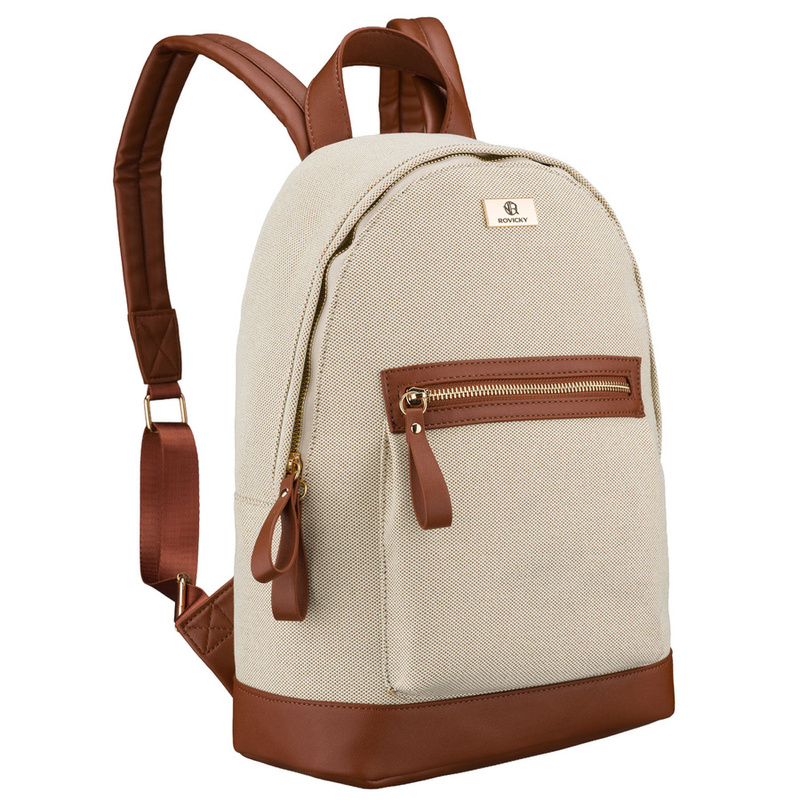 Płócienny plecak damski w beżowo-brązowym kolorze z kieszenią zewnętrzną - Rovicky