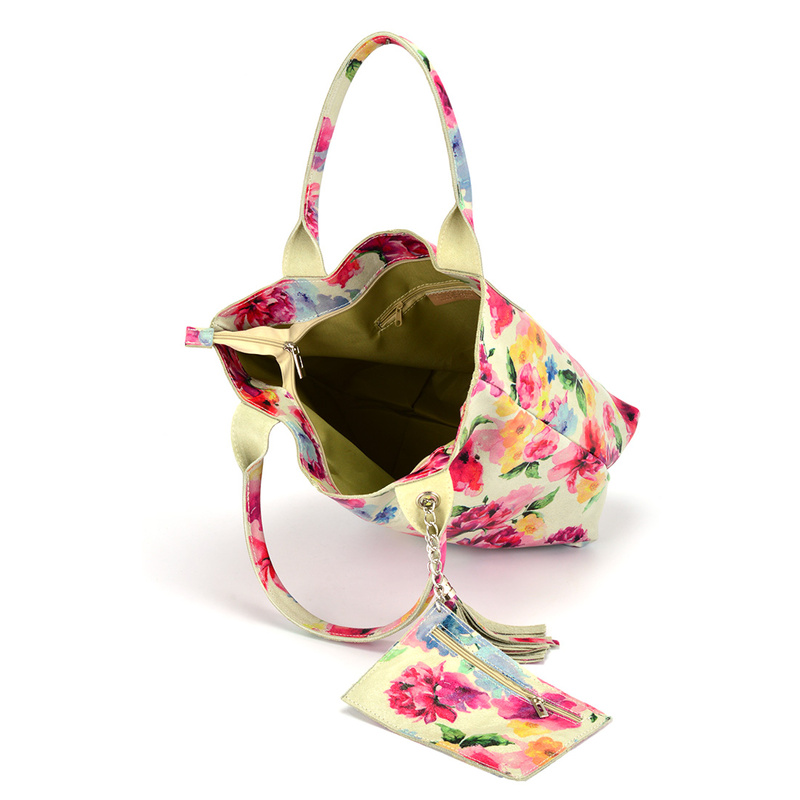 Duża skórzana damska Shopperbag na ramię w kwiaty