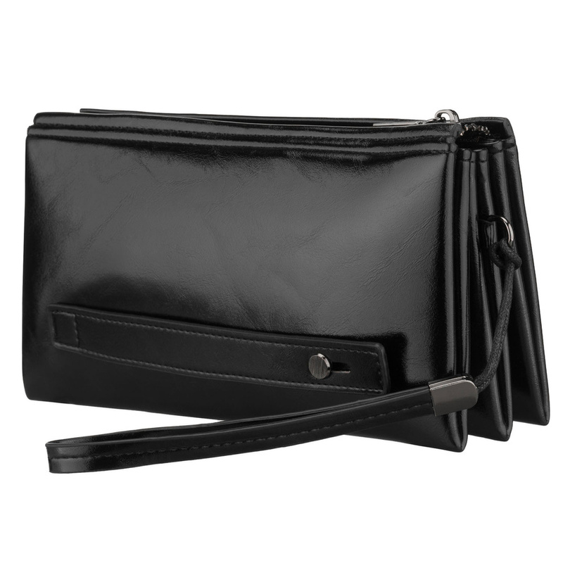 Saszetka męska ze skóry ekologicznej w czarnym kolorze, wyposażona w uchwyt na rękę - Rovicky