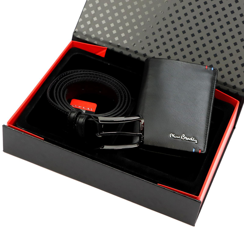 Pierre Cardin pionowy portfel i pasek do spodni męski skóra naturalna