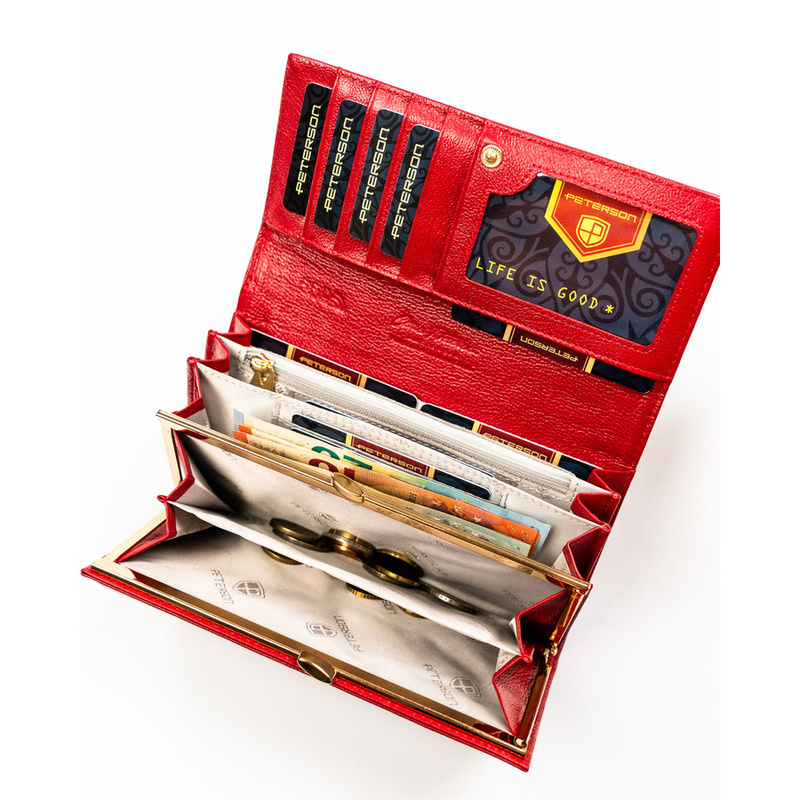 Czerwony, duzy portfel damski ze skóry ekologicznej i naturalnej w cętki, zamykany zatrzaskiem - Peterson