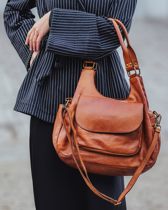 Włoska torebka skórzana z kieszenią z przodu retro bag handmade - MARCO MAZZINI brąz camel
