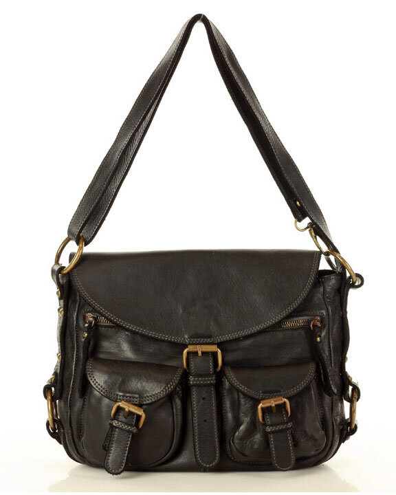 MARCO MAZZINI Skórzana torebka listonoszka z kieszeniami safari handmade bag czarna
