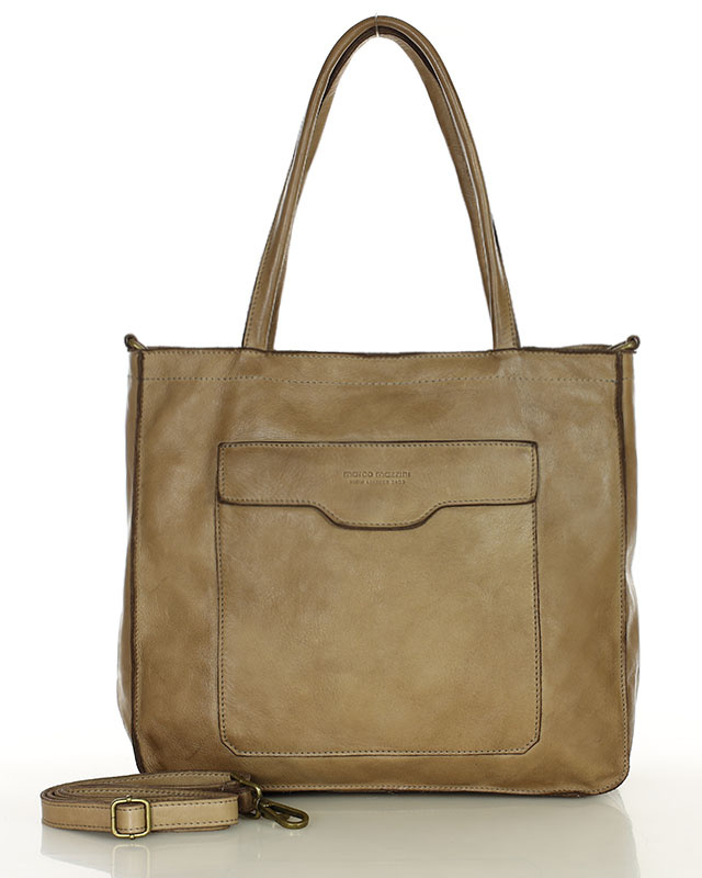 Torba shopper beżowa z kieszeniami skóra naturalna – MARCO MAZZINI