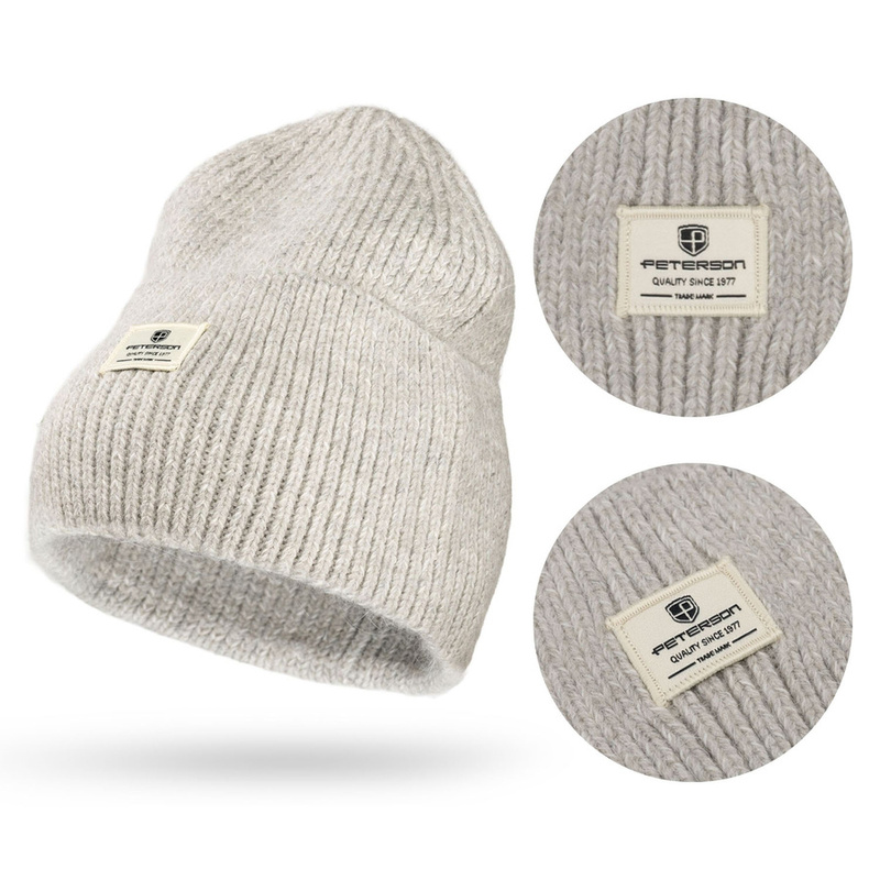 Szara, zimowa czapka damska beanie z logo marki - Peterson
