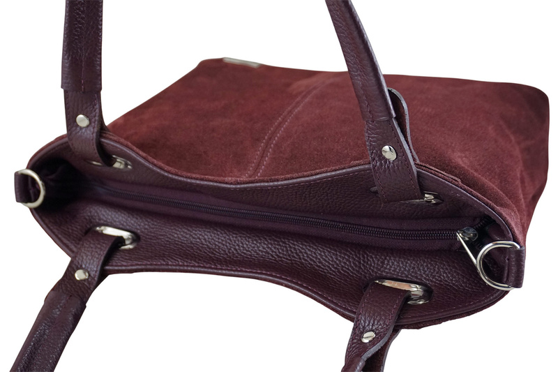 Duża elegancka torebka z naturalnej skóry i zamszu - Bordowa