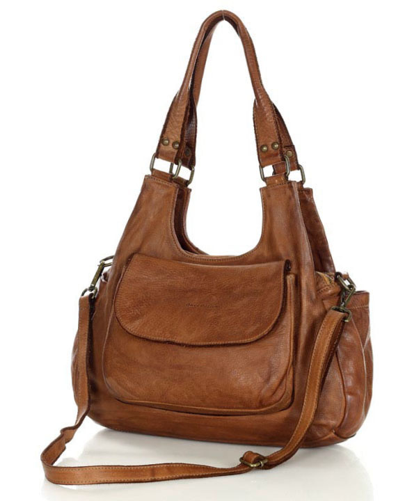 Włoska torebka skórzana z kieszenią z przodu retro bag handmade - MARCO MAZZINI czekoladowy brąz