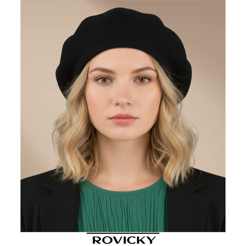 Ciepły, czarny beret damski wykonany z akrylu - Rovicky