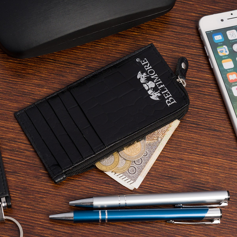Etui na dokumenty karty czarne skórzane skóra croco slim Beltimore J06