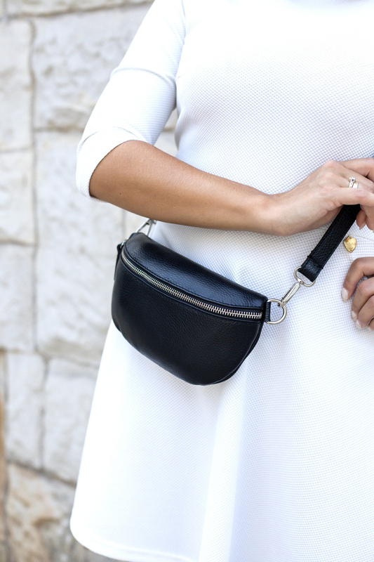 Czarna Damska Skórzana Włoska Saszetka Nerka na pasek B68