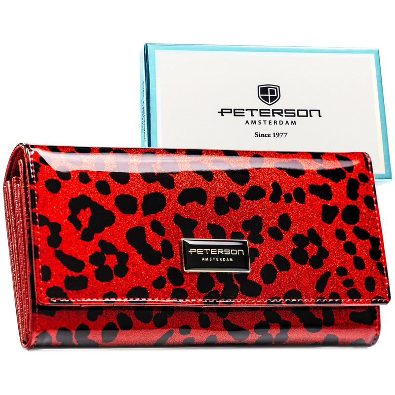 Czerwony, duzy portfel damski ze skóry ekologicznej i naturalnej w cętki, zamykany zatrzaskiem - Peterson