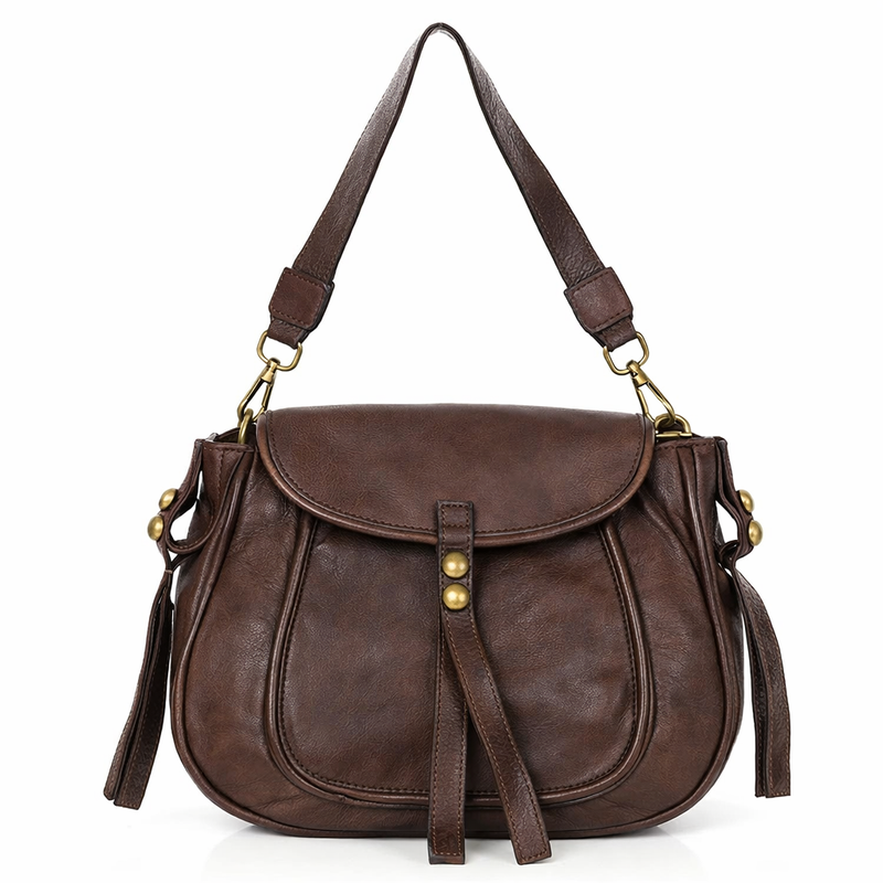 Mazzini Torebka classic saddle bag ze skóry naturalnej na ramie ciemny brąz caffe